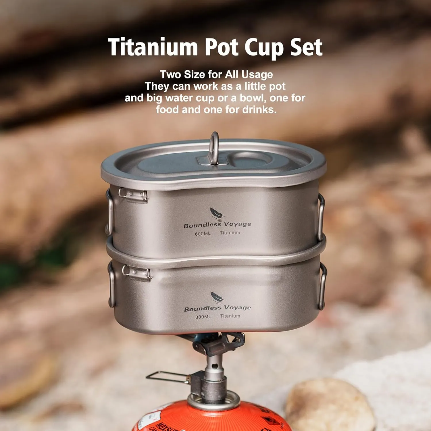 Boundless Voyage Titanium Canteen Mess Kit with Lid and Folding Handle Ultralight Portable Bowl Pot Cup Mug for Outdoor Camping Hiking Backpacking
