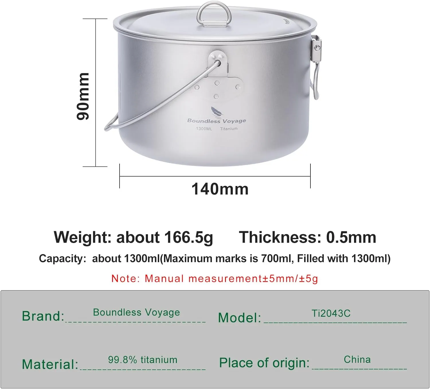 Boundless Voyage Titanium Hanging Pot for Outdoor Camping Backpacking Hiking Ultralight Portable Cooking Pot Camp Kitchen Cookware 1300ML/1950ML/2900ML