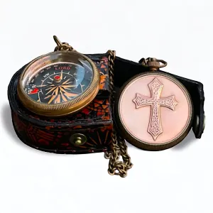 Brass Compass with Leather case - Copper Gift - Copper Gift for Men - Compass Gift for Men - Antique Vintage Religious Compass - Gift for Son, Men, Husband - Compass Jewelry for Men