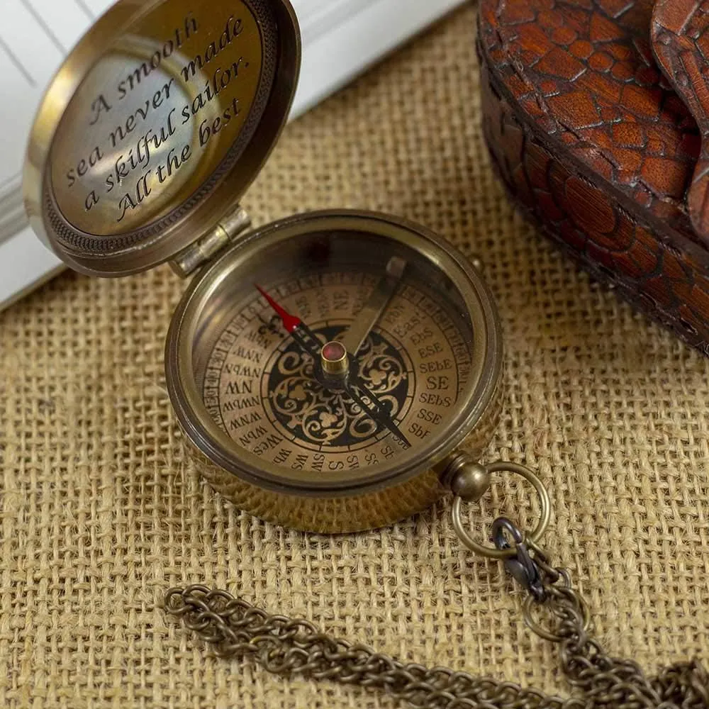 Brass Pocket Magnetic 2" Compass with Chain Nautical Boat Decor Antique Steampunk Style Engraved Gifts Directional Pirate Hiking Travel Camping Compass