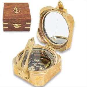 Brass Square Case Compass with Wooden Box | Solid Brass Construction | Velvet-Lined Box | Glass Construction | 3" Wooden Display Box | 2" Working Compass