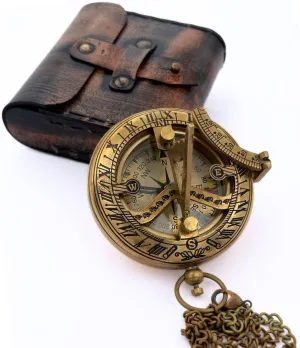 Brass Sundial Compass in Leather Case - Nautical Gifts for Men, Antique Sailing Anniversary Gadget for Him, Unusual Unique Nautical Decor, Naval Maritime Pocket Watch Clock