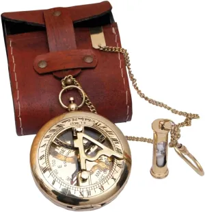 Brass Sundial Compass with Leather Case - Compass Gift for Men - Sundial Clock in Box Gift Sun Clock Ship Replica Watch - Nautical Gifts for Men, Antique Sailing Anniversary Vintage Gifts