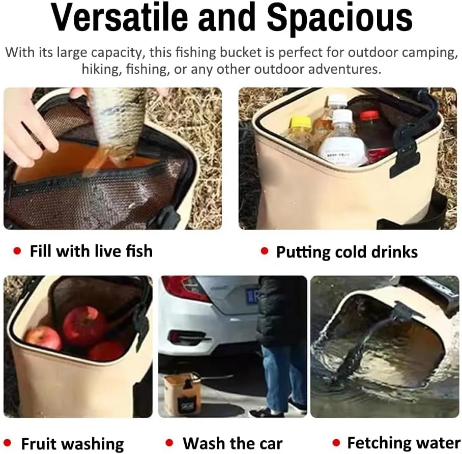 Bucket 8L Collapsible Fishing Bucket Portable Fish Bucket Multifunctional EVA Water Containers with Mesh Lid, Handle and Rope for Outdoor Camping Hiking Fishing Car Washing