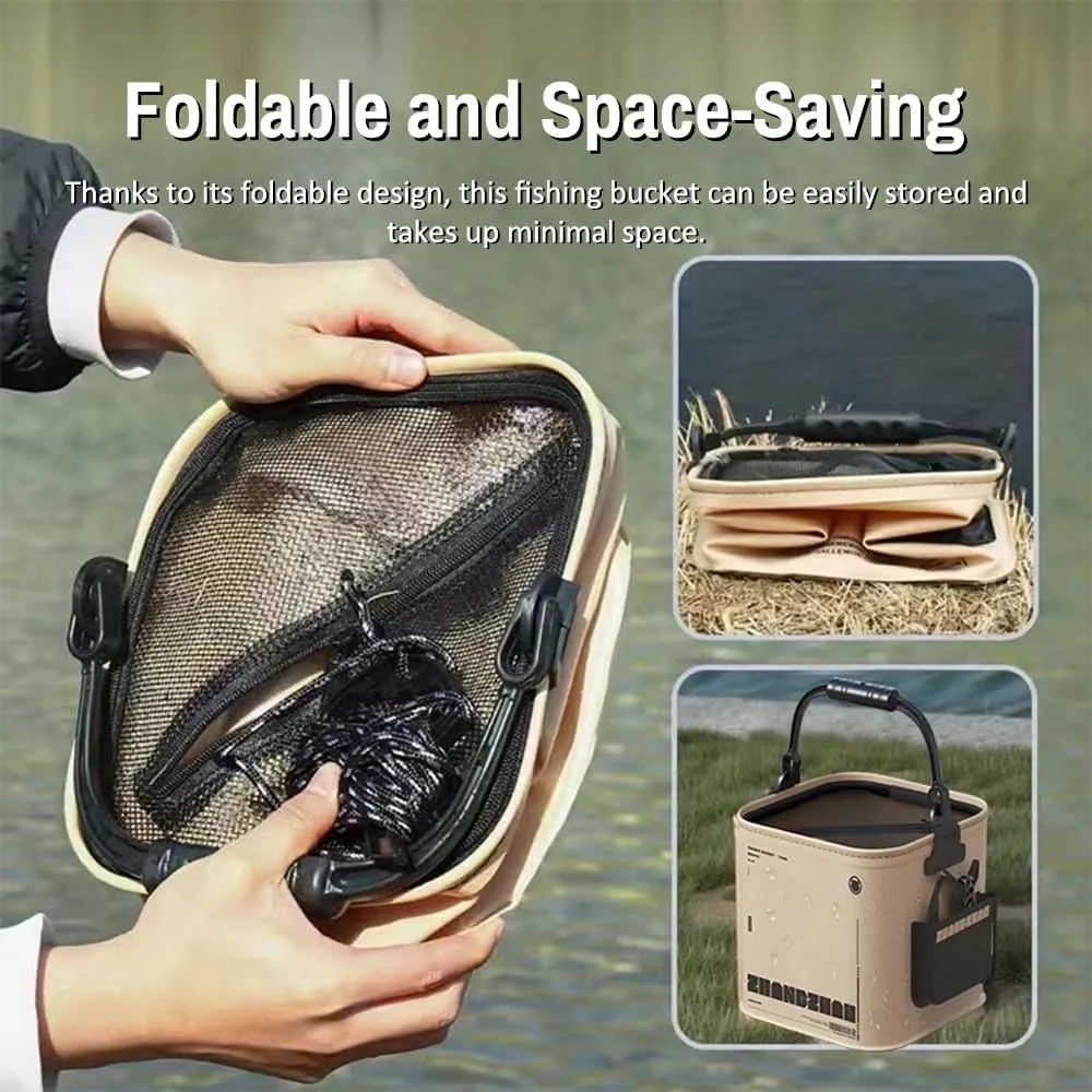 Bucket 8L Collapsible Fishing Bucket Portable Fish Bucket Multifunctional EVA Water Containers with Mesh Lid, Handle and Rope for Outdoor Camping Hiking Fishing Car Washing