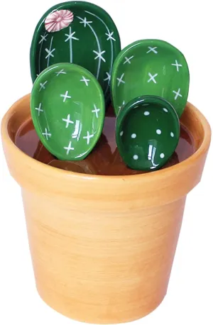 Cactus Measuring Spoons Set in Pot Ceramic Cute Small Cacti Measuring Spoons and Cups Green for Baking,Salt, Sugar Housewarming Gifts (Green）