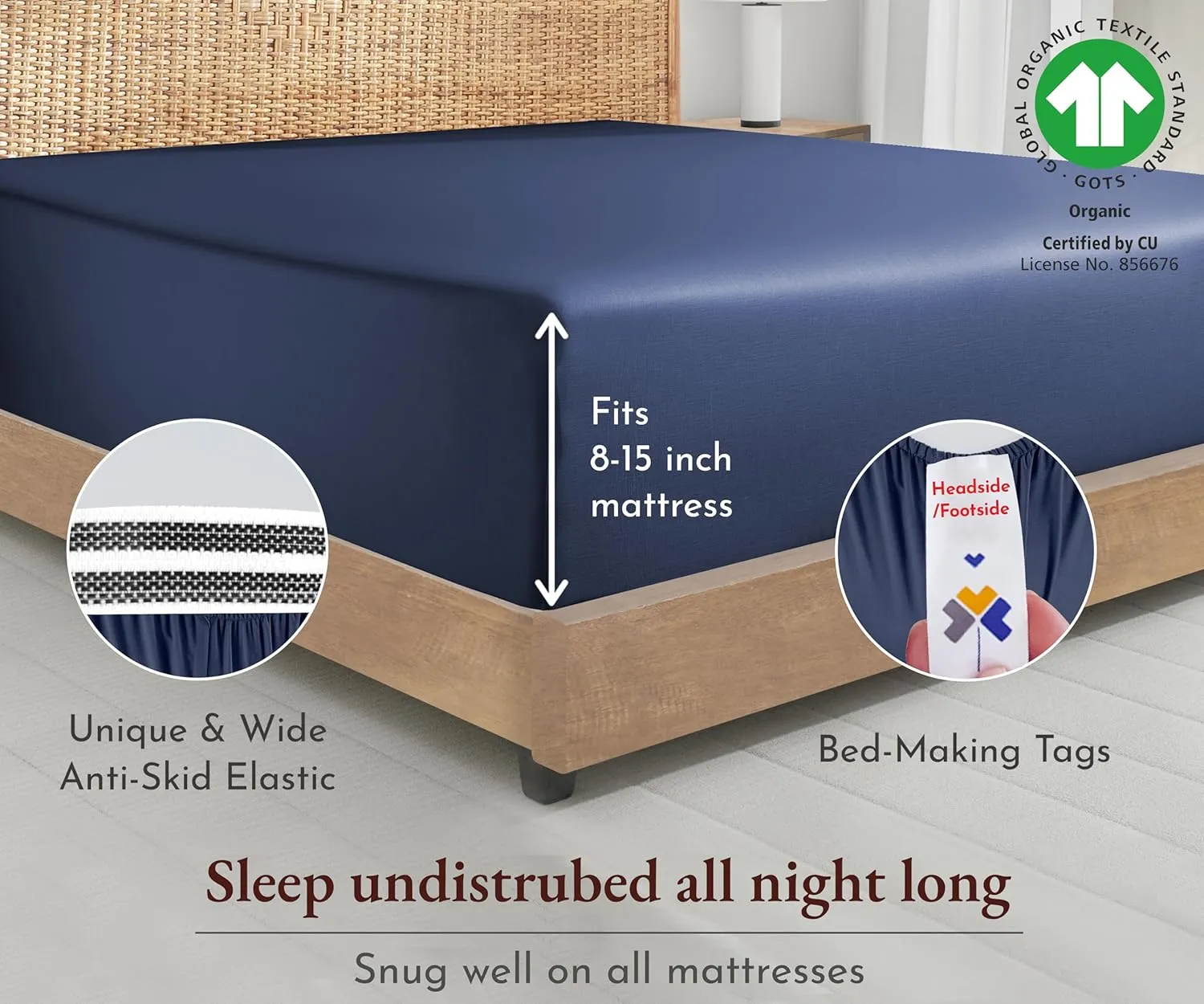 California Design Den Deep Pocket Soft Fitted Sheet Queen Only, 100% Organic Cotton Sheets Queen, 1 Pc Percale Queen Fitted Sheet, Cooling, Lightweight, Snug-Fit (Navy Blue)