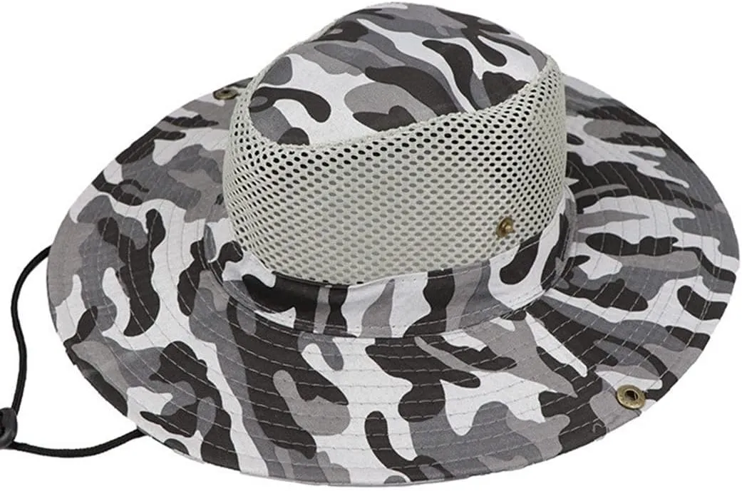Camouflage Outdoor Wide Brim Sun Hat Breathable Hollow Mesh Bucket Boonie Hat for Fishing Camping Sun Protection Visors