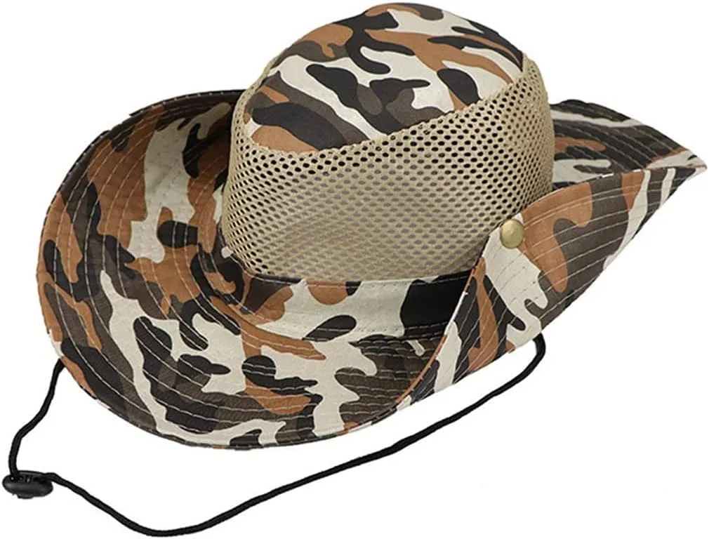Camouflage Outdoor Wide Brim Sun Hat Breathable Hollow Mesh Bucket Boonie Hat for Fishing Camping Sun Protection Visors