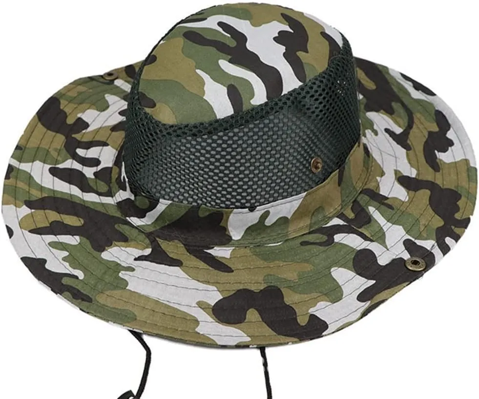 Camouflage Outdoor Wide Brim Sun Hat Breathable Hollow Mesh Bucket Boonie Hat for Fishing Camping Sun Protection Visors