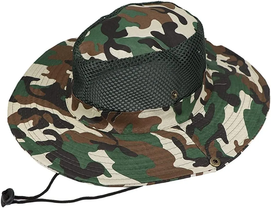 Camouflage Outdoor Wide Brim Sun Hat Breathable Hollow Mesh Bucket Boonie Hat for Fishing Camping Sun Protection Visors