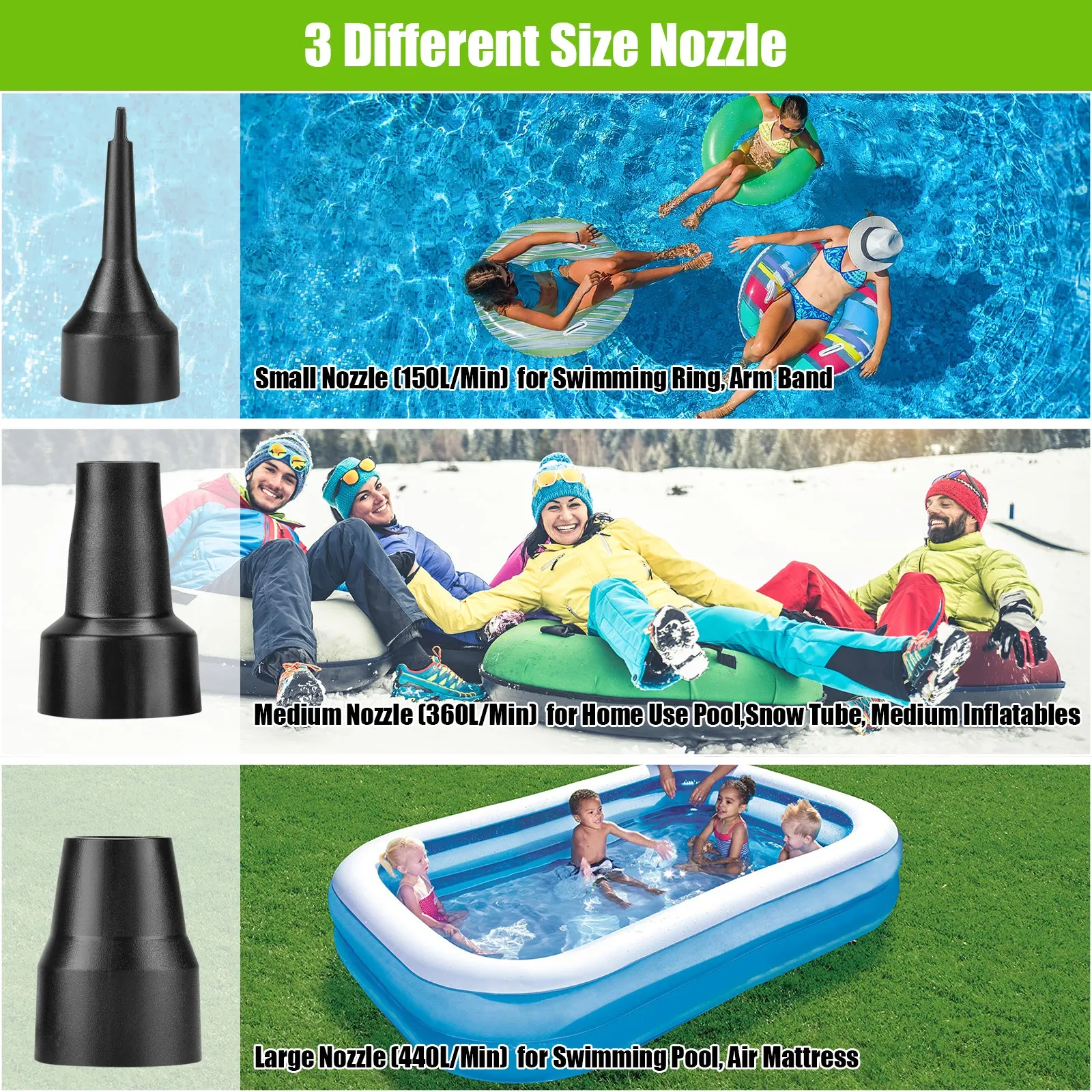 CAMULAND Electric Air Pump, 130W Electric Pump for Inflatable with 3 Nozzles for Air Mattress, Inflatable Couch, Pool Floats, Blow up Pool Raft Bed Boat and Water Pool