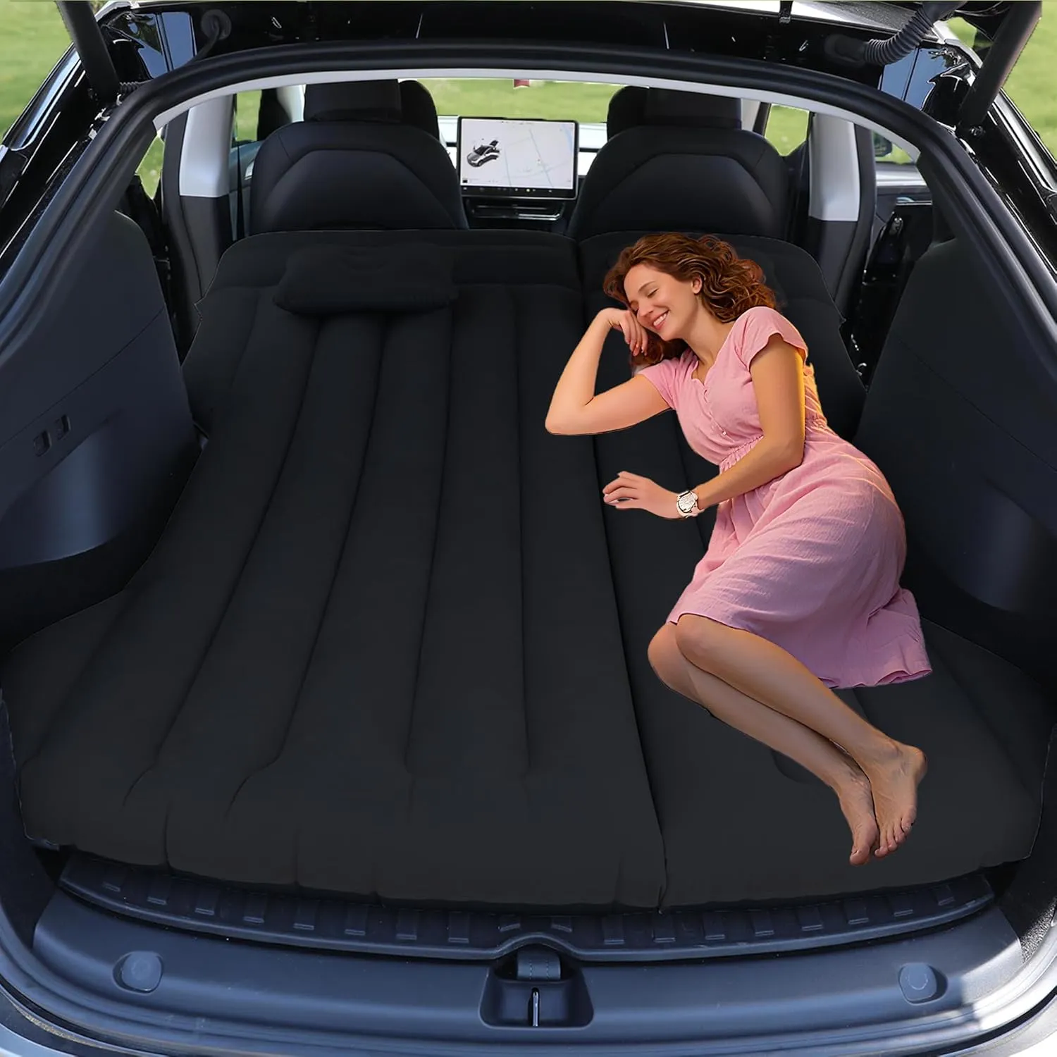 Car Air Mattress - Inflatable Camping Bed Compatible with Tesla Model Y, Thickened Flocked AirBed for Trunk/Backseat/Sedan/SUV/RV, Sleeping Pad with Pump and 2 Pillows for Camping Travel Outdoor Black