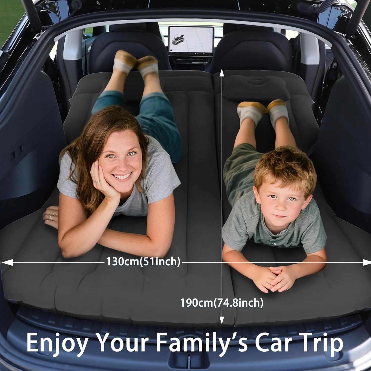 Car Air Mattress - Inflatable Camping Bed Compatible with Tesla Model Y, Thickened Flocked AirBed for Trunk/Backseat/Sedan/SUV/RV, Sleeping Pad with Pump and 2 Pillows for Camping Travel Outdoor Black