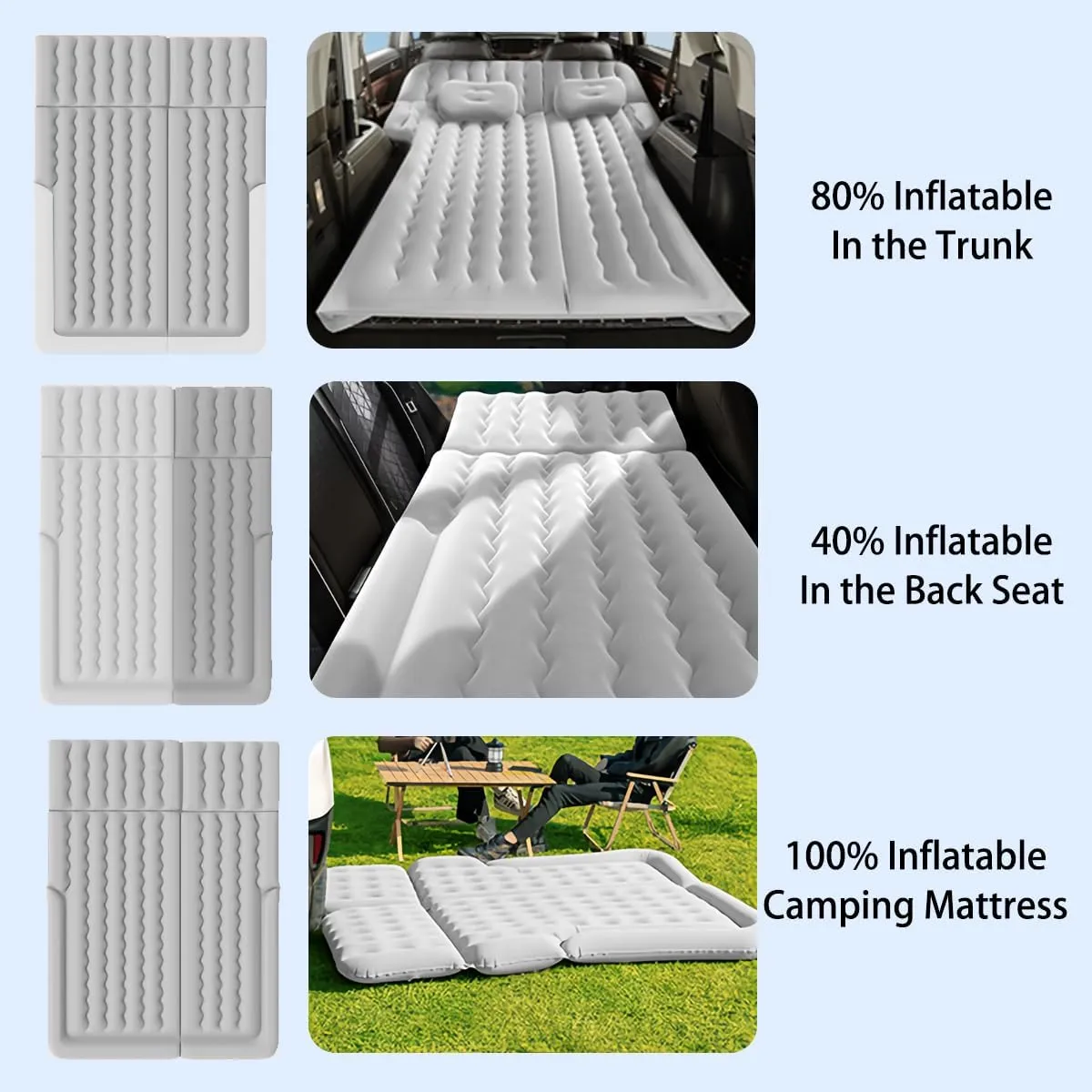 Car Air Mattress SUV Air Mattress, SUV Mattress Camping Bed with Travel Pillow Air, Foot Pier, Air Pump, Inflatable Mattress for Car Grey