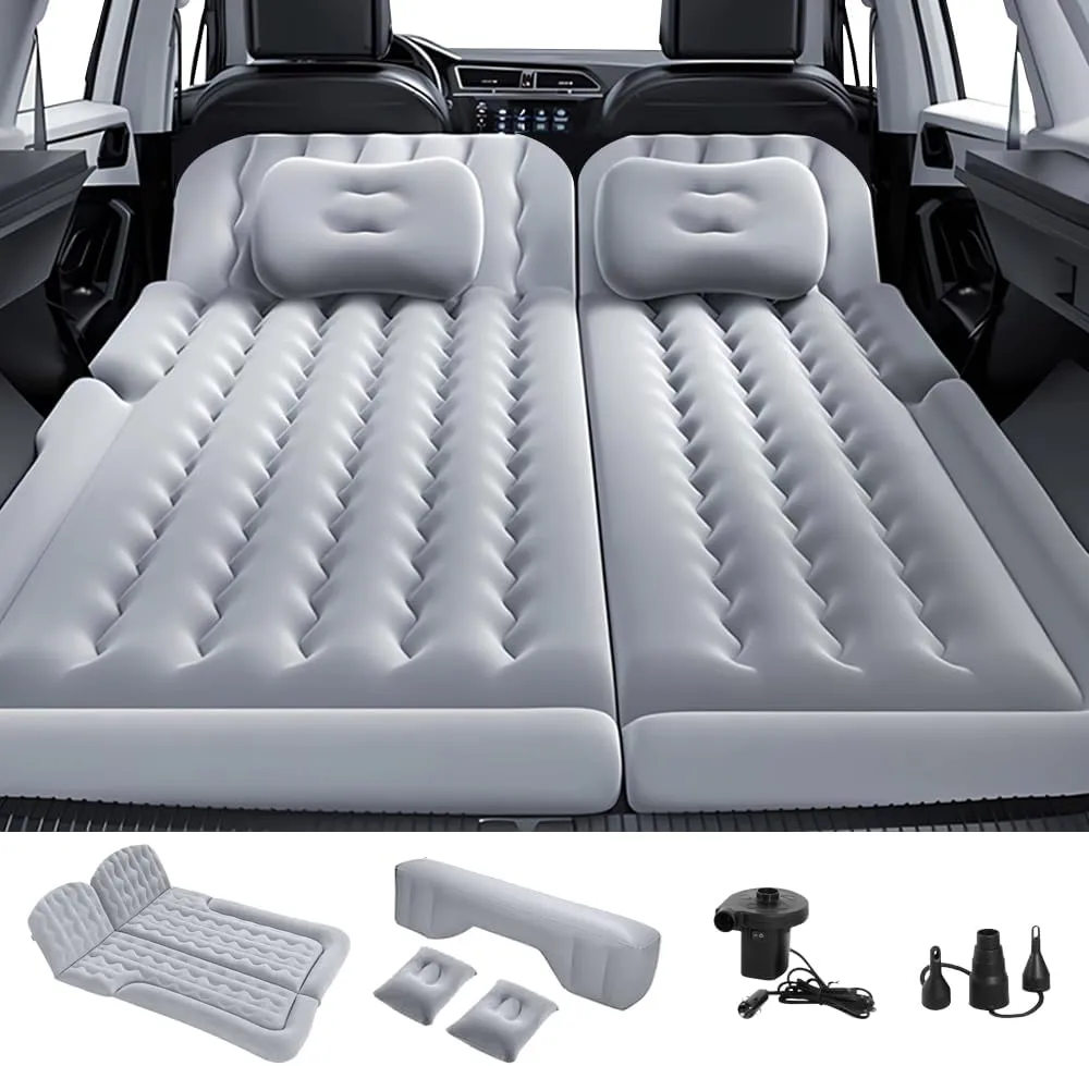 Car Air Mattress SUV Air Mattress, SUV Mattress Camping Bed with Travel Pillow Air, Foot Pier, Air Pump, Inflatable Mattress for Car Grey