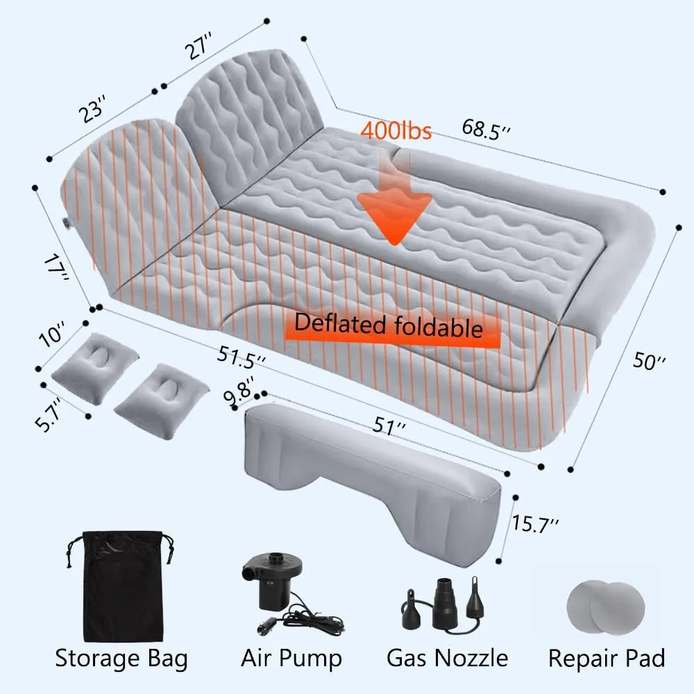 Car Air Mattress SUV Air Mattress, SUV Mattress Camping Bed with Travel Pillow Air, Foot Pier, Air Pump, Inflatable Mattress for Car Grey