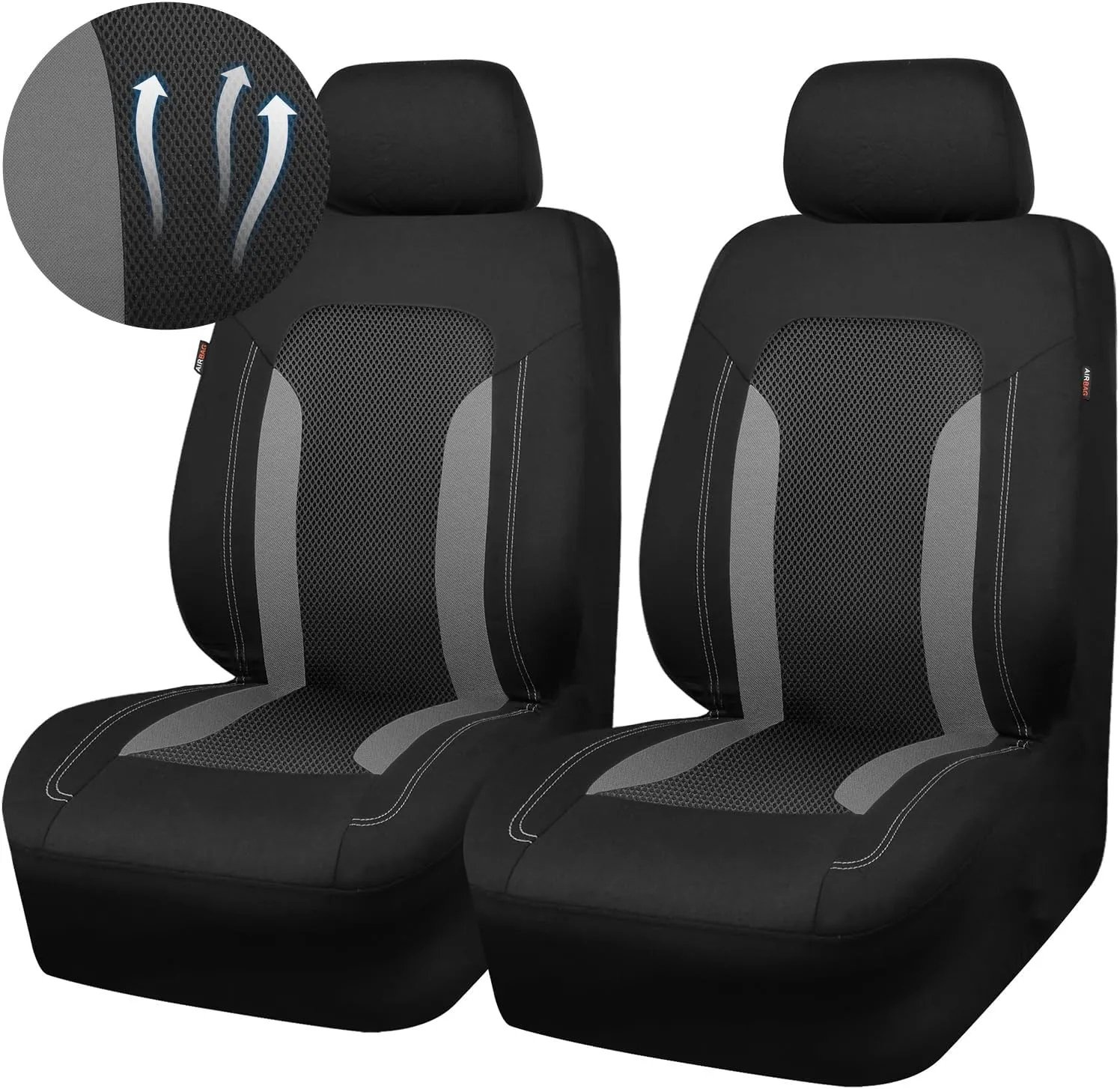 CAR PASS 3D Air Mesh Car Seat Covers Front Seats Low Back Bucket, Breathable Sporty Mesh in Summer Airbag Compatible Universal Fit 95% Automotive SUV,Truck,Sedan Interior Protector, Black Gray 2PCS