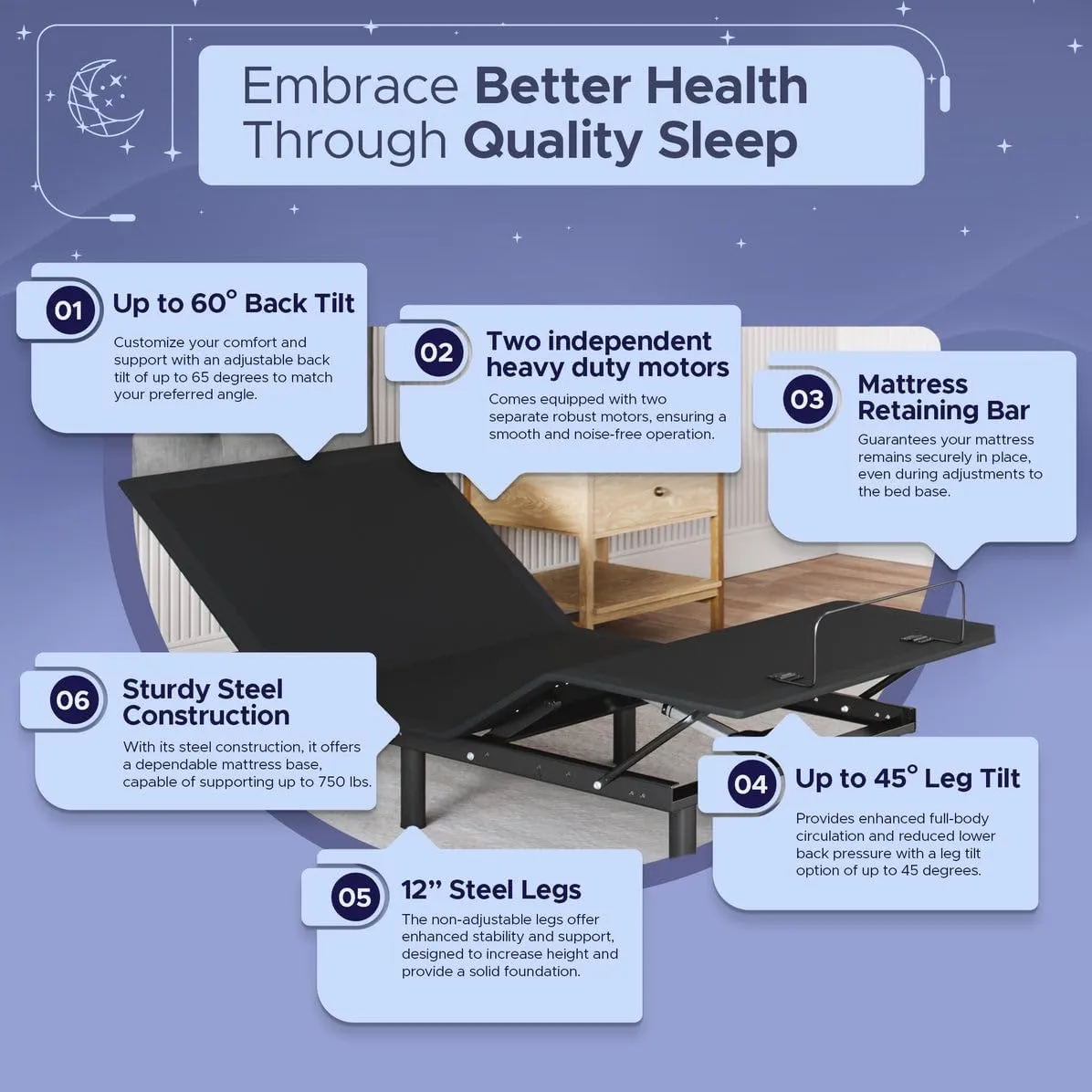 Celestial Aurora Adjustable Bed Base (Frame)   8 inch Gel Memory Foam Mattress (Firm), Easy Assembly, Head and Foot Lift, Zero Gravity, Memory Positions, CertiPUR-US Bed - TwinXL