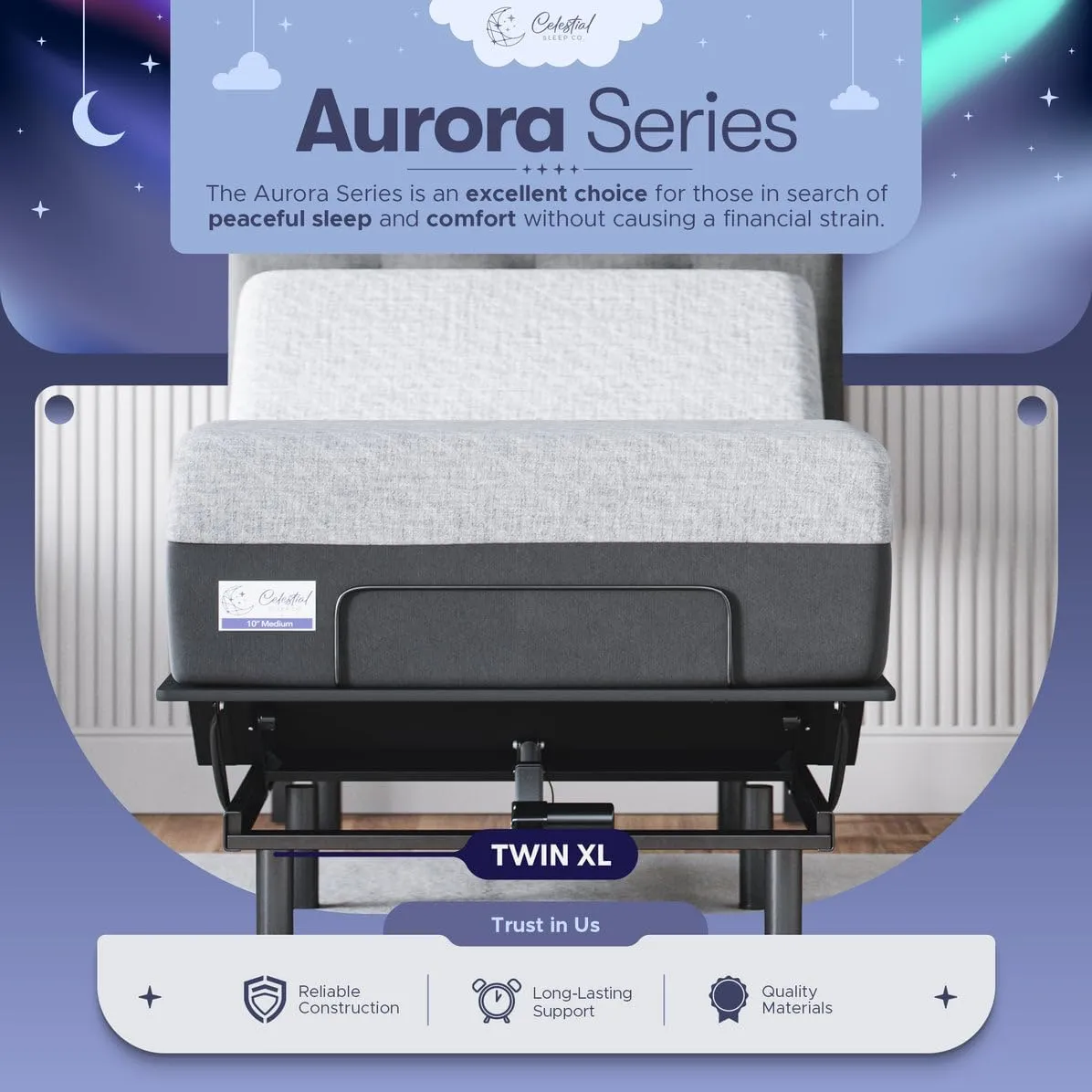 Celestial Aurora Adjustable Bed Base (Frame)   8 inch Gel Memory Foam Mattress (Firm), Easy Assembly, Head and Foot Lift, Zero Gravity, Memory Positions, CertiPUR-US Bed - TwinXL