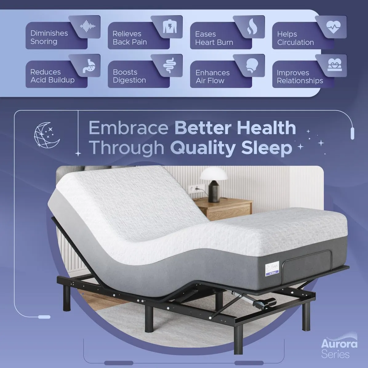 Celestial Aurora Adjustable Bed Base (Frame)   8 inch Gel Memory Foam Mattress (Firm), Easy Assembly, Head and Foot Lift, Zero Gravity, Memory Positions, CertiPUR-US Bed - TwinXL