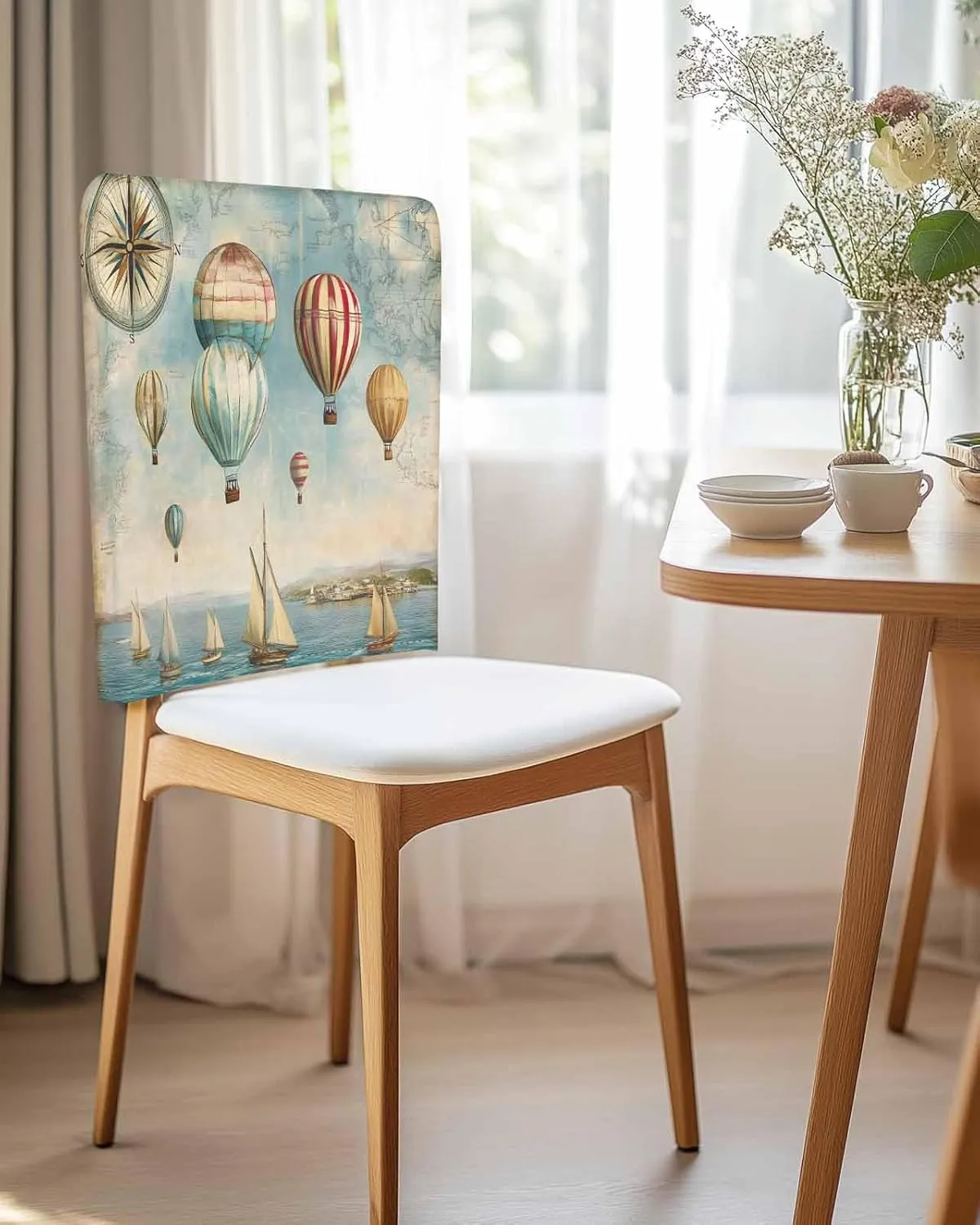 Chair Covers Set of 8 Sea Compass Hot Air Balloon Chair Back Covers Stretch Removable Washable Slipcovers Seat Protector for Dining Room Kitchen Party Decor
