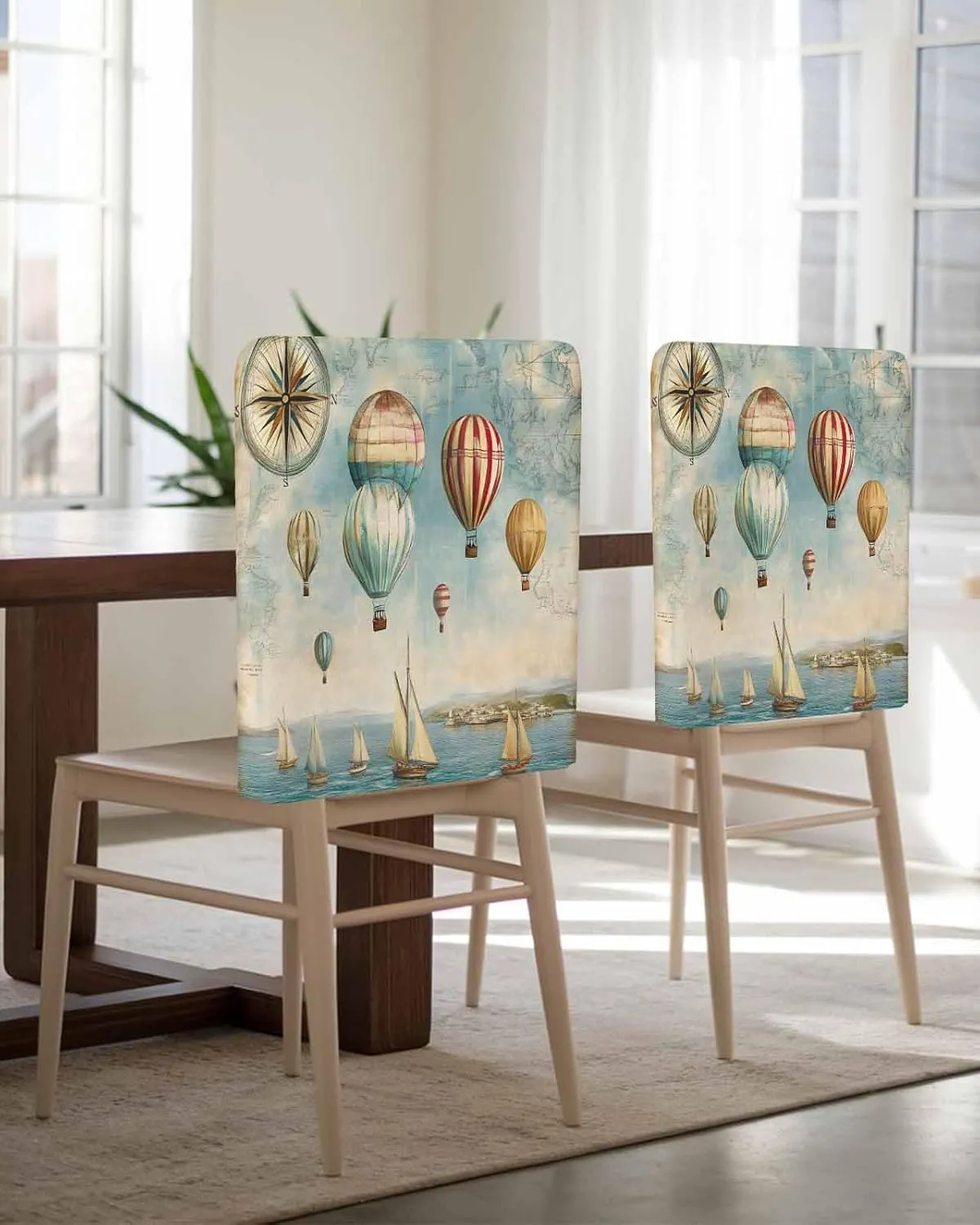 Chair Covers Set of 8 Sea Compass Hot Air Balloon Chair Back Covers Stretch Removable Washable Slipcovers Seat Protector for Dining Room Kitchen Party Decor