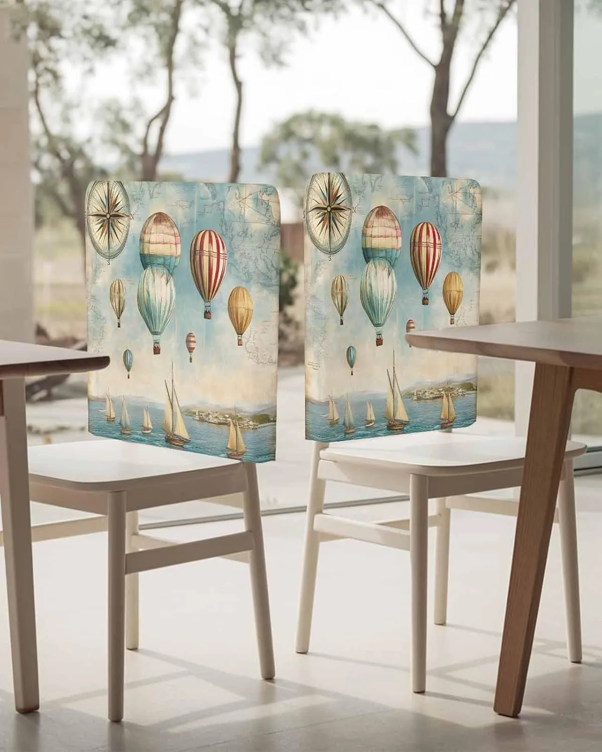Chair Covers Set of 8 Sea Compass Hot Air Balloon Chair Back Covers Stretch Removable Washable Slipcovers Seat Protector for Dining Room Kitchen Party Decor