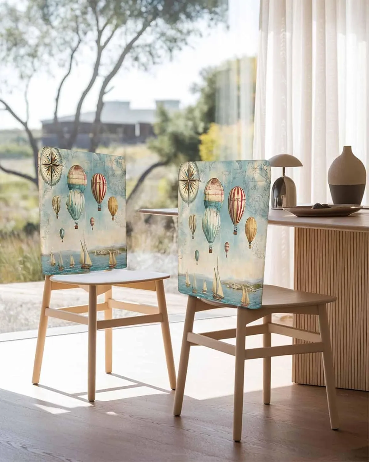 Chair Covers Set of 8 Sea Compass Hot Air Balloon Chair Back Covers Stretch Removable Washable Slipcovers Seat Protector for Dining Room Kitchen Party Decor