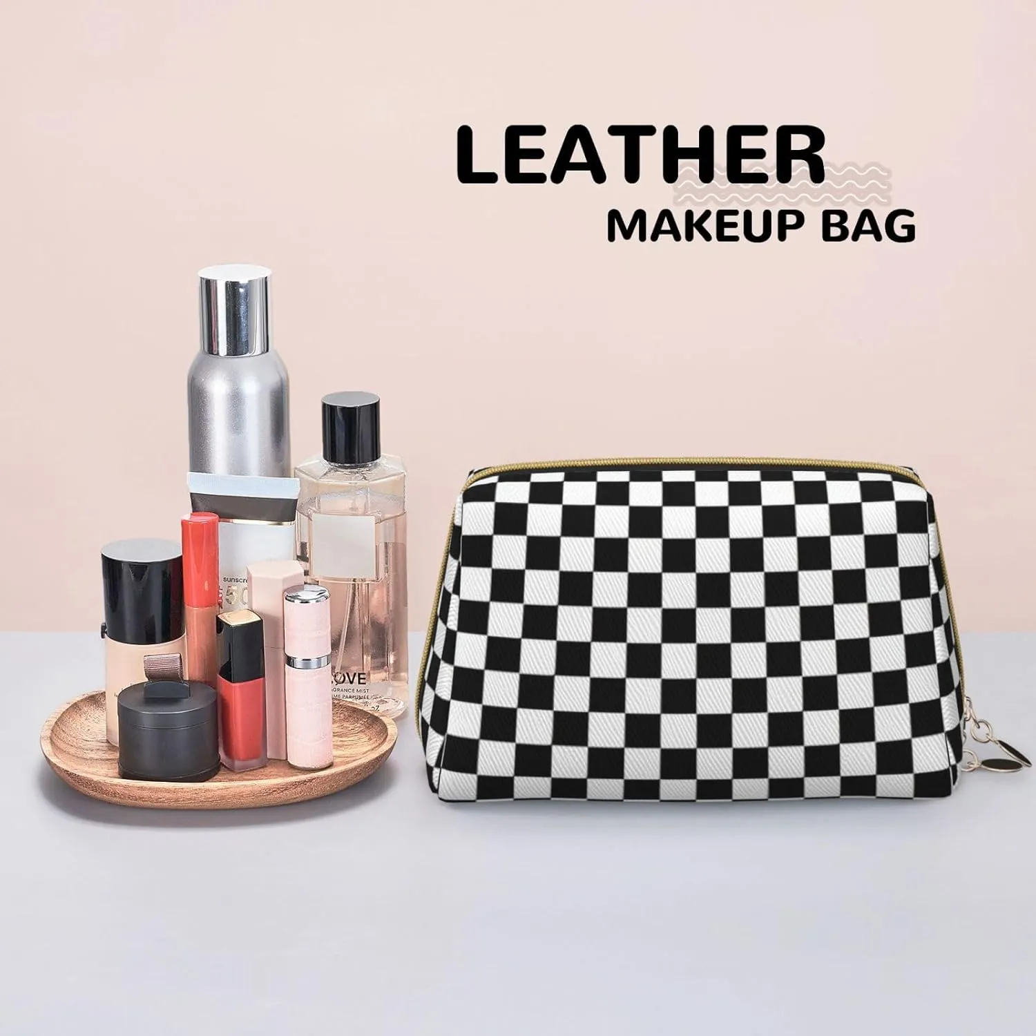 Checkered Stripes Toiletry Pouch, Travel-Friendly Makeup Organizer For Makeup Brushes, Lipsticks