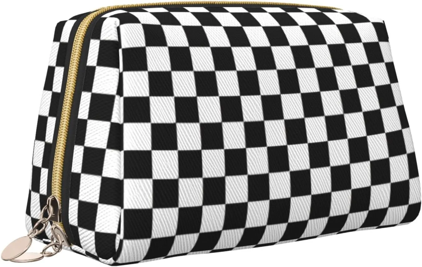 Checkered Stripes Toiletry Pouch, Travel-Friendly Makeup Organizer For Makeup Brushes, Lipsticks