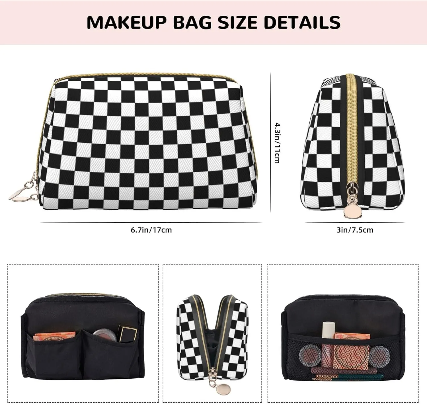 Checkered Stripes Toiletry Pouch, Travel-Friendly Makeup Organizer For Makeup Brushes, Lipsticks