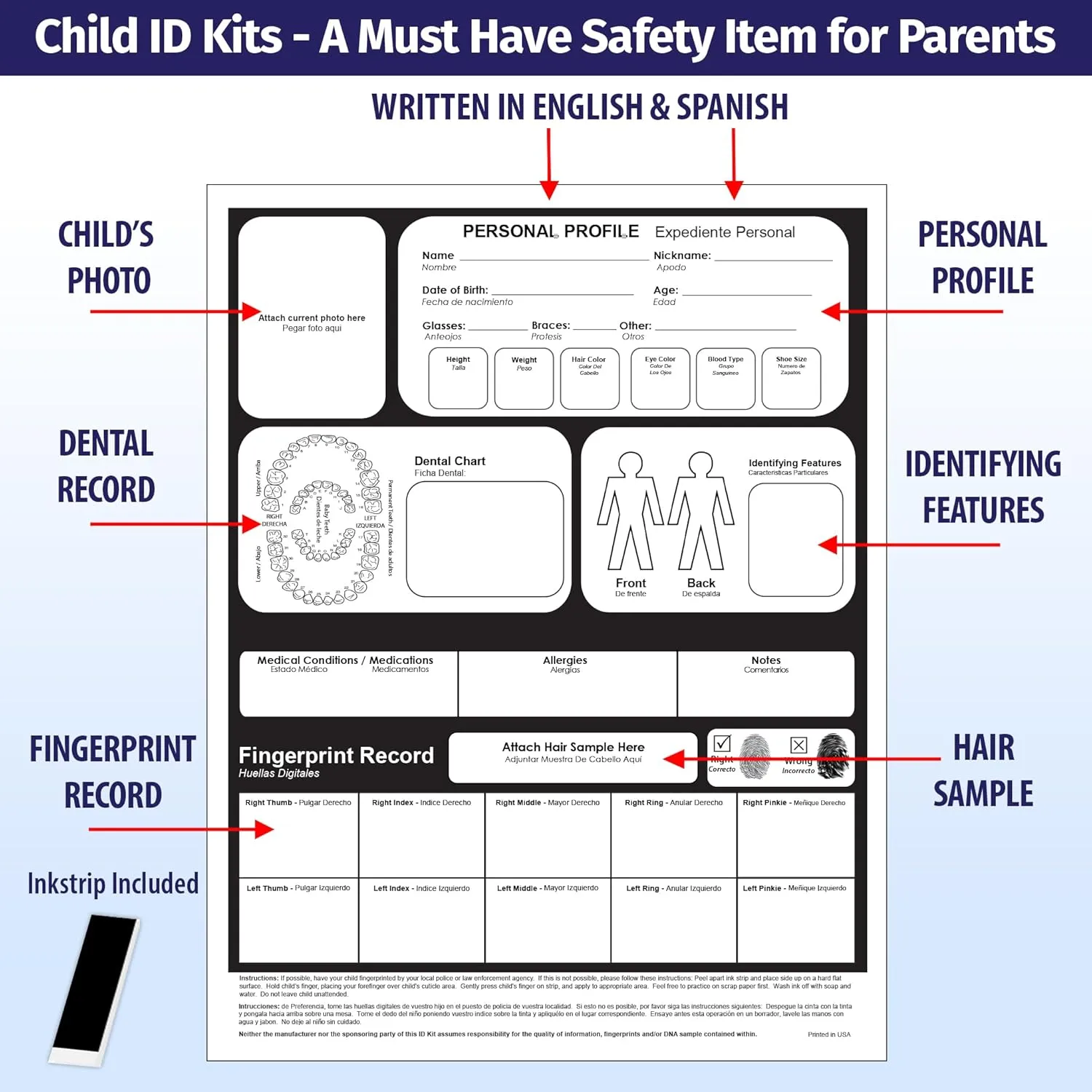 Child ID Kit (5 Pack) - Identification Cards for Kids - Missing Child Safety Kit Includes Ink Strip for Fingerprinting