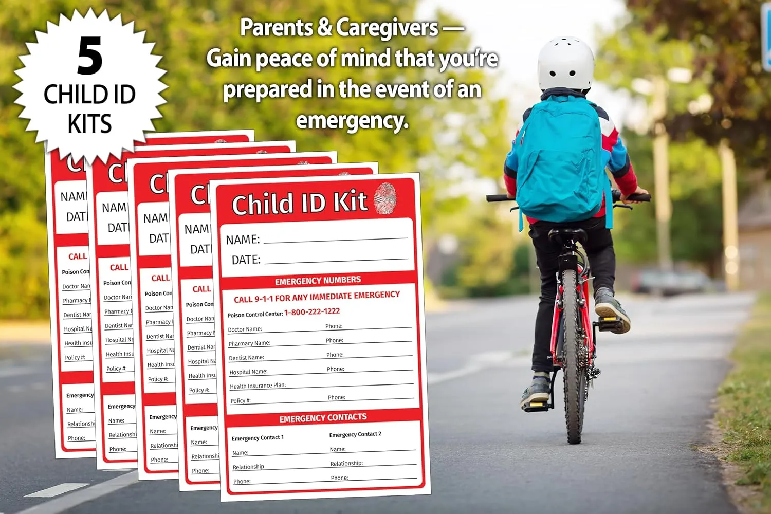 Child ID Kit (5 Pack) - Identification Cards for Kids - Missing Child Safety Kit Includes Ink Strip for Fingerprinting