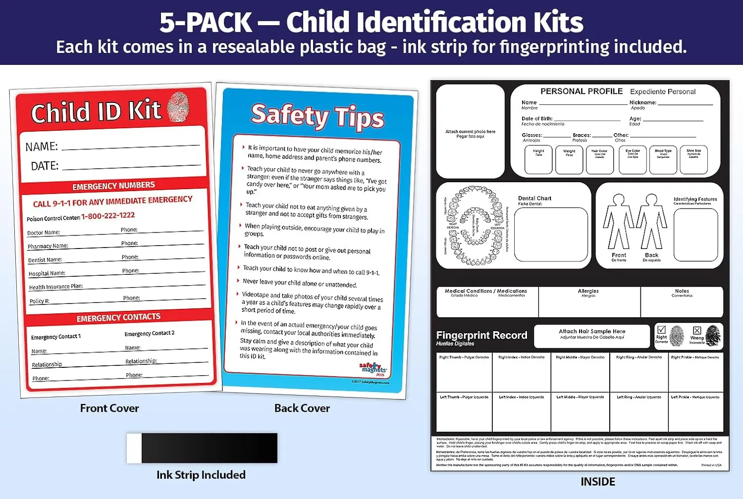 Child ID Kit (5 Pack) - Identification Cards for Kids - Missing Child Safety Kit Includes Ink Strip for Fingerprinting
