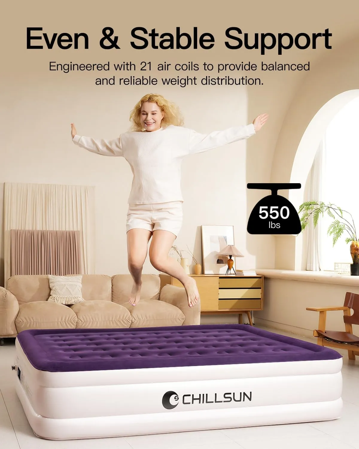 CHILLSUN Twin Air Mattress Inflatable Airbed with Built in Pump, 3 Mins Quick Self-Inflation, Comfortable Top Surface Blow Up Bed for Home Portable Camping Travel, 75x39x18'', 550 lb MAX