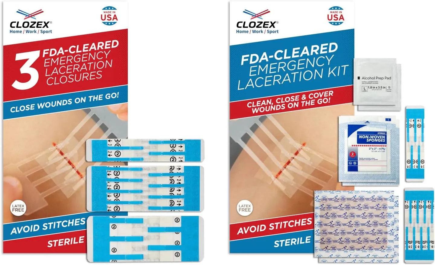 Clozex Emergency Laceration Closure & Kit FSA HSA Eligible Skin Closure Device Treat 5 Wounds Combined Up to 6 3/4" Includes Complete Kit to Clean, Close, & Cover Injuries Without Stitches