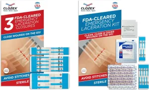 Clozex Emergency Laceration Closure & Kit FSA HSA Eligible Skin Closure Device Treat 5 Wounds Combined Up to 6 3/4" Includes Complete Kit to Clean, Close, & Cover Injuries Without Stitches