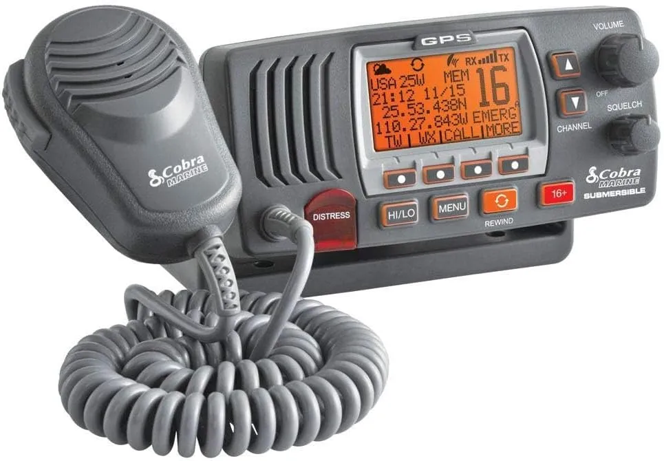 Cobra MR F77B GPS Fixed Mount VHF Marine Radio – 25 Watt VHF, Built-In GPS Receiver, Submersible, LCD Display, Noise Cancelling Mic, NOAA Weather, Signal Strength Meter, Scan Channels, Black/Grey