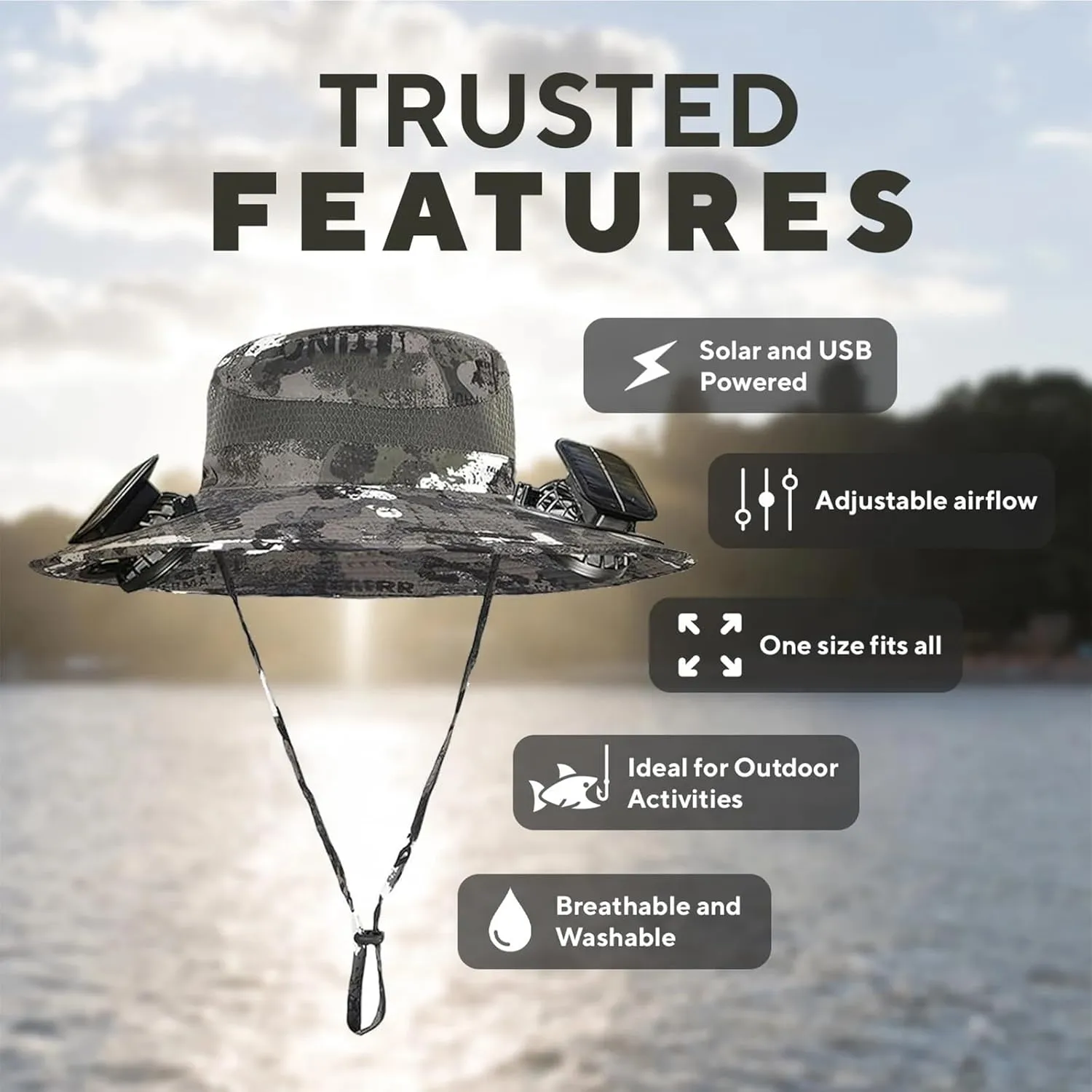 Colitt - Fishing Hat with Built in Fan, 2 Solar Fans, UPF 50  Sun Protection, Adjustable Fit, Bucket Hat for Men Women