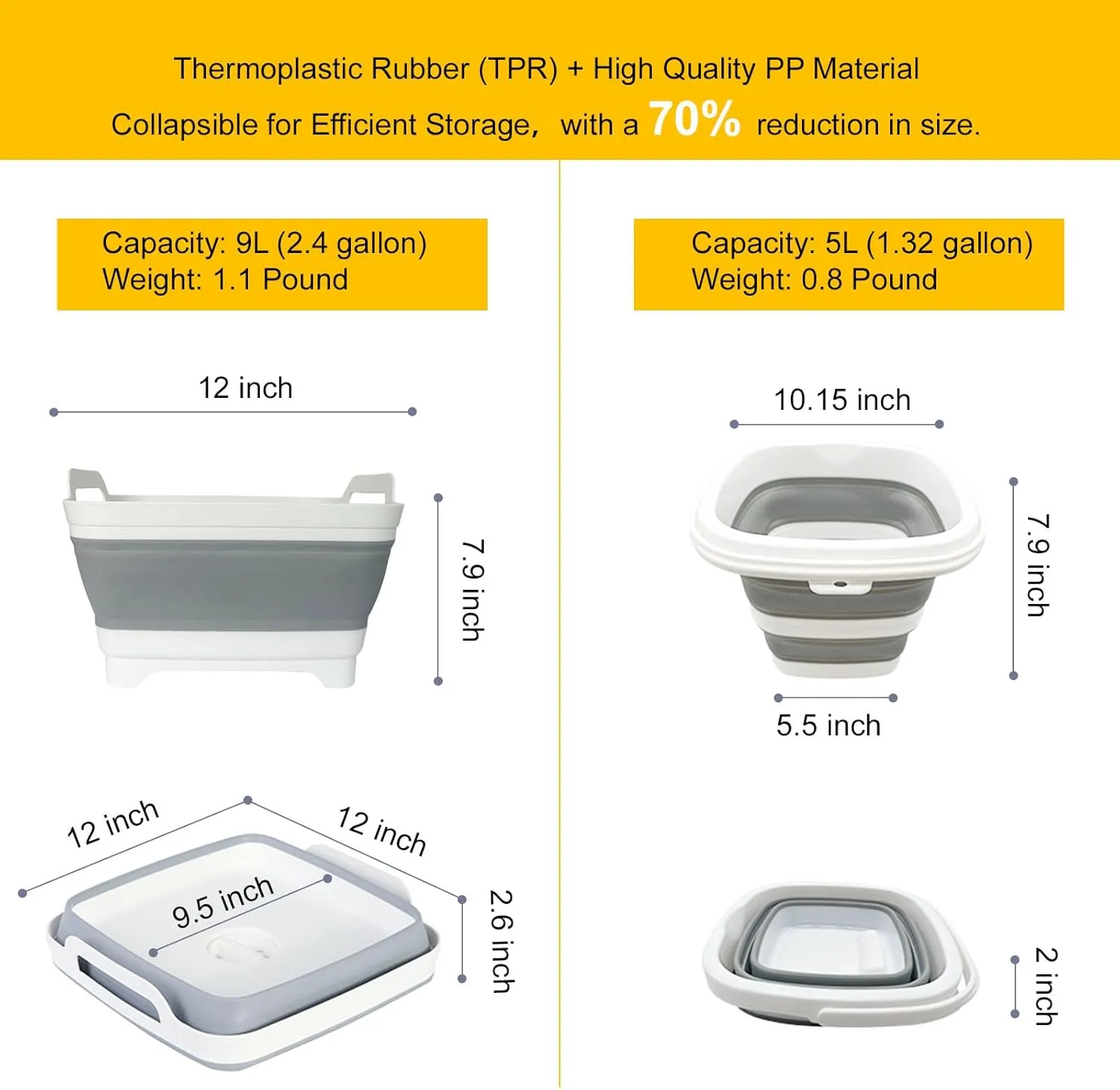 Collapsible Basin Bucket (9L 5L)-Collapsible Dish Tub Portable Sink-Foldable Sink Tub for Cleaning Foldable Portable Plastic (Grey 5L Grey)