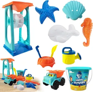 Collapsible Beach Toys Set for Kids Toddlers,Sand Toys Set with Buckets,Water Wheel Beach Tool Kit,Trucks, Molds,Bucket Watering Can,Travel Beach Toys for Toddlers 3-10