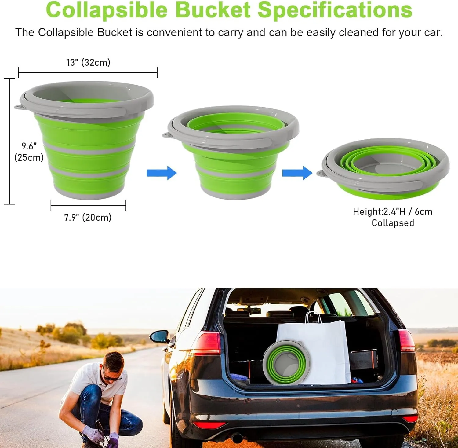 Collapsible Car Wash Bucket with Microfiber Mitt, 10L (2.6 Gallon) Portable Water Buckets with Handle for Car Wash Household Cleaning, Multiuse Collapsible Water Buckett and Car wash mitt - Green