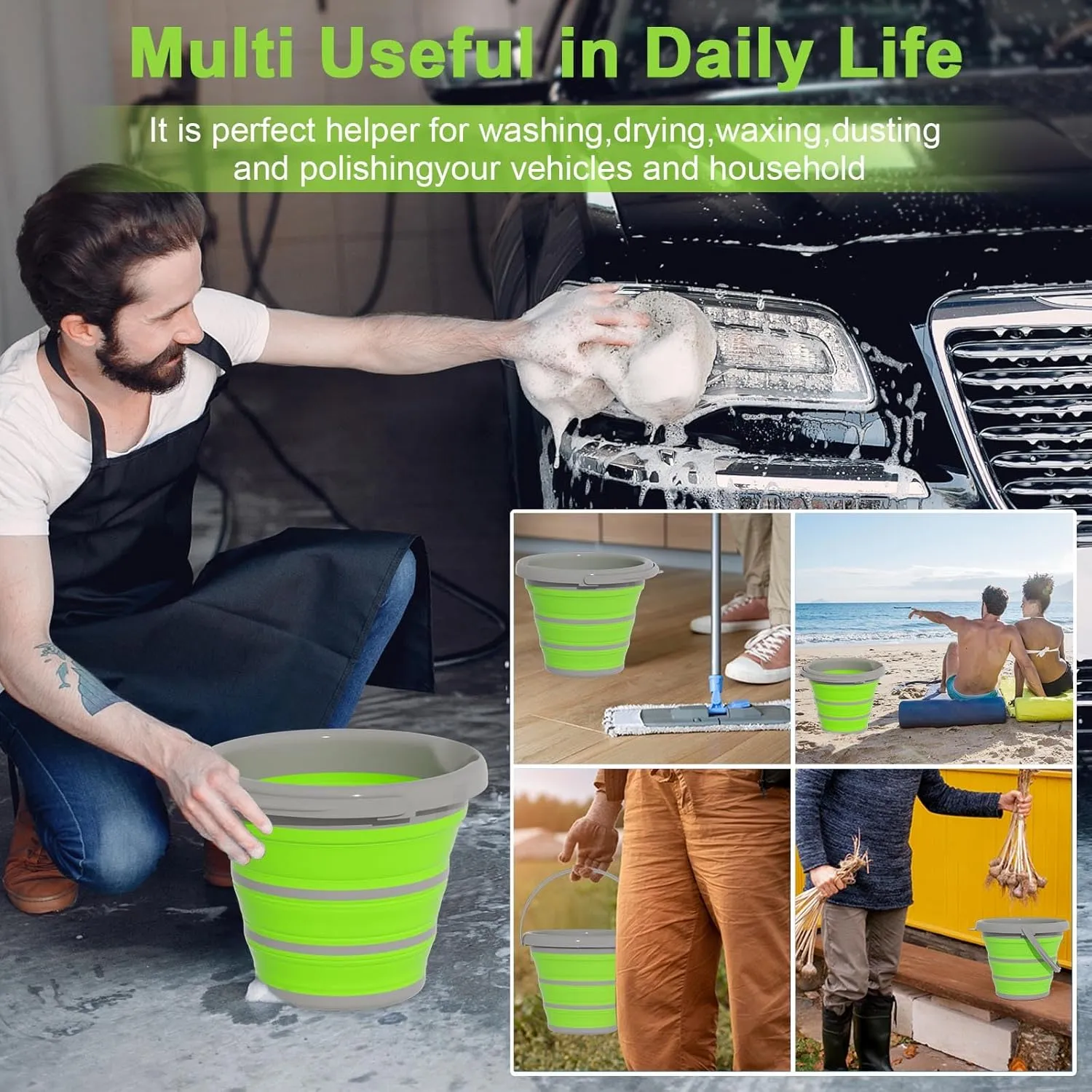 Collapsible Car Wash Bucket with Microfiber Mitt, 10L (2.6 Gallon) Portable Water Buckets with Handle for Car Wash Household Cleaning, Multiuse Collapsible Water Buckett and Car wash mitt - Green