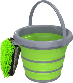 Collapsible Car Wash Bucket with Microfiber Mitt, 10L (2.6 Gallon) Portable Water Buckets with Handle for Car Wash Household Cleaning, Multiuse Collapsible Water Buckett and Car wash mitt - Green