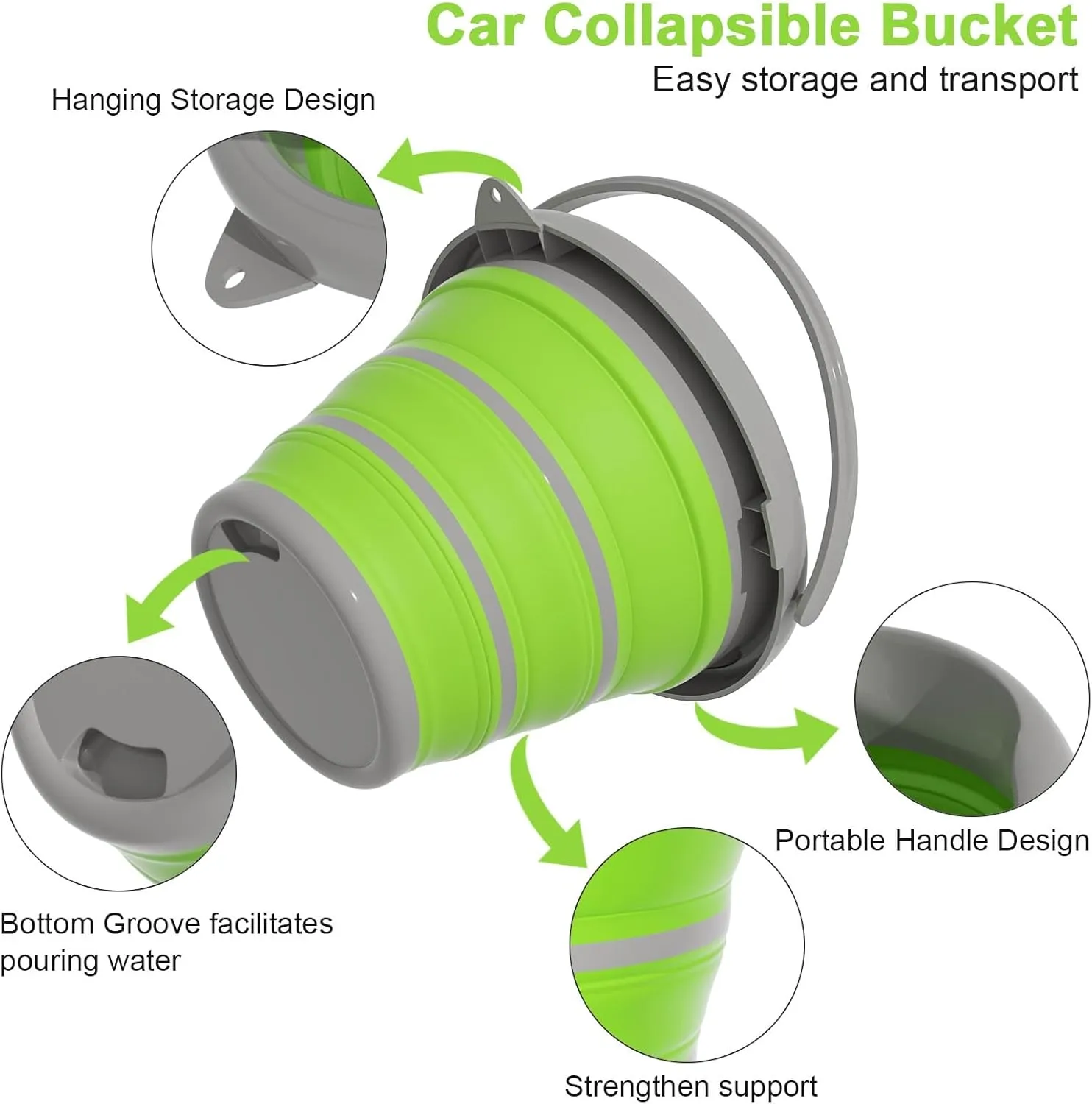 Collapsible Car Wash Bucket with Microfiber Mitt, 10L (2.6 Gallon) Portable Water Buckets with Handle for Car Wash Household Cleaning, Multiuse Collapsible Water Buckett and Car wash mitt - Green