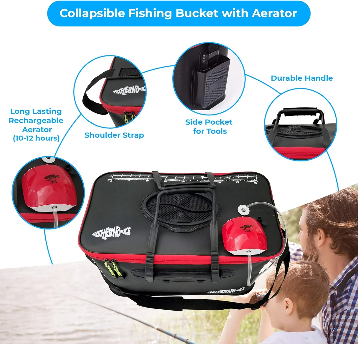 Collapsible Fishing Bucket with Air Pump - Live Bait Bucket with Aerator (6 Gallon/10 Gallon) - Leak Proof with Side Pocket & Shoulder Strap | Highly Durable & Sturdy