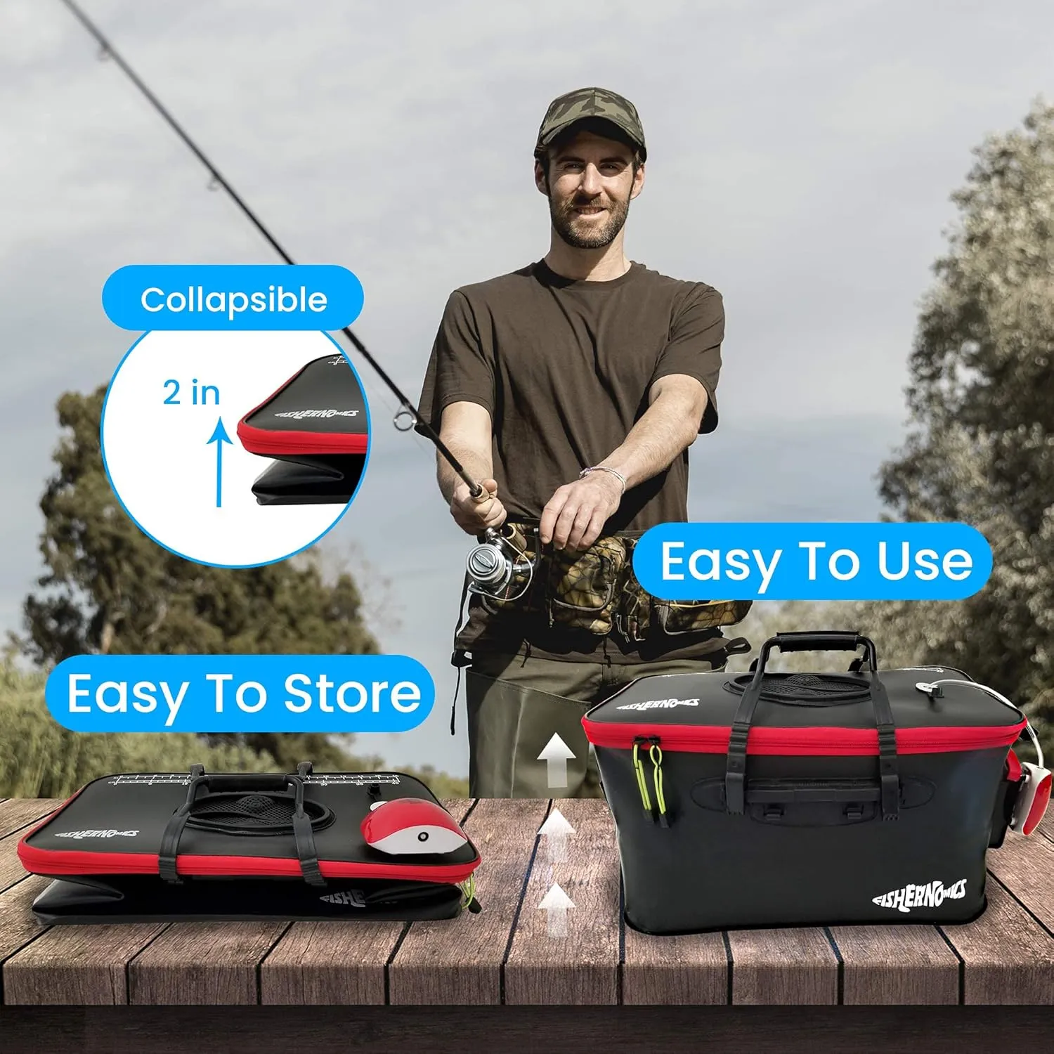 Collapsible Fishing Bucket with Air Pump - Live Bait Bucket with Aerator (6 Gallon/10 Gallon) - Leak Proof with Side Pocket & Shoulder Strap | Highly Durable & Sturdy