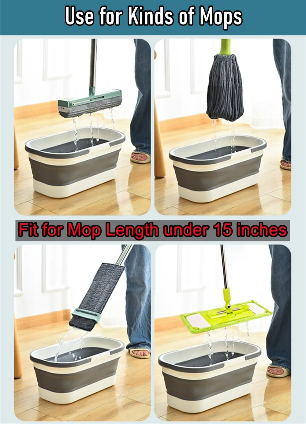 Collapsible Mop Bucket Basin Tub with Handle and Wheels, 12L (3.2 Gallon) Foldable Small Plastic Container for Household Cleaning, Car Washing, Portable Basket Bin Tool for Storage Organizer, Grey