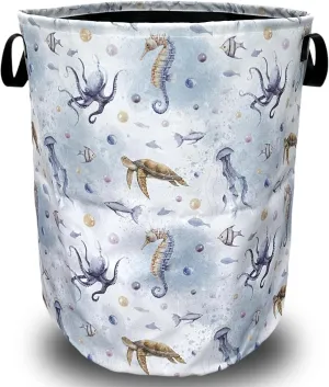 Colorful Octopus Seahorse Laundry Basket Foldable With Handles Tote Bag Oxford Cloth Funny Laundry Hamper Clothes Storage Bucket Toy Organizer 18.9" x 16.5" For Bathroom/Laundry/Bedroom